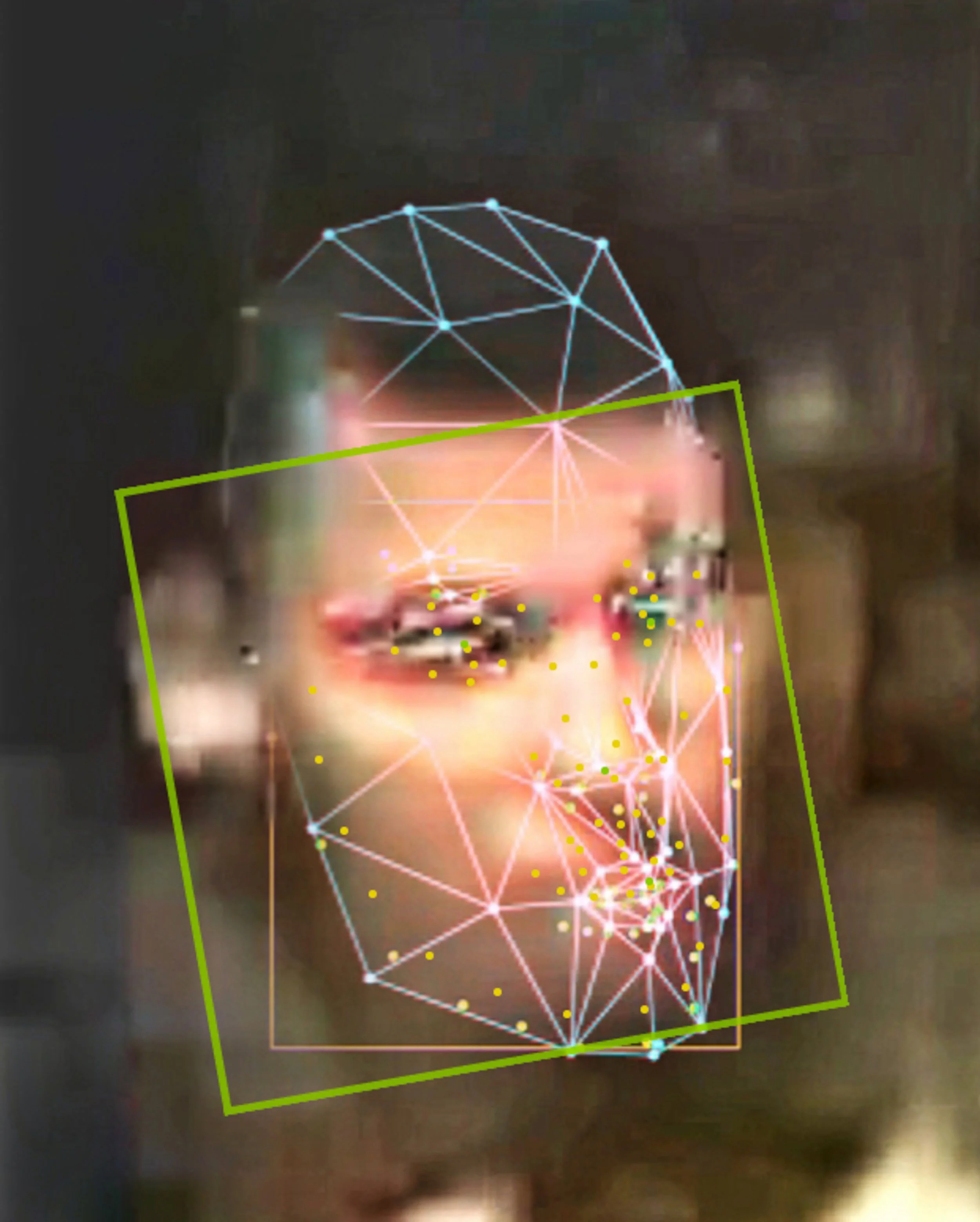A human face with digital facial recognition overlays and a wireframe model of a human head. Digital Art. Generative Art. Face detection