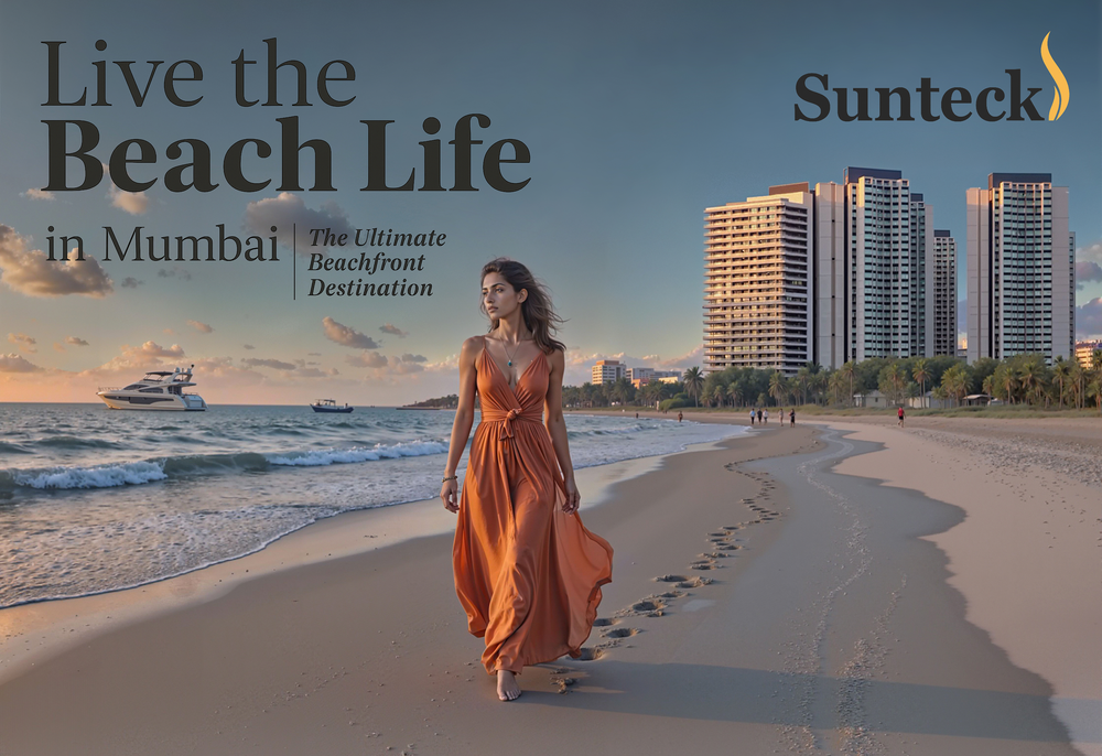 Final Sunteck print ad — a woman in an orange dress on a Mumbai beach at sunset with high-rises behind.