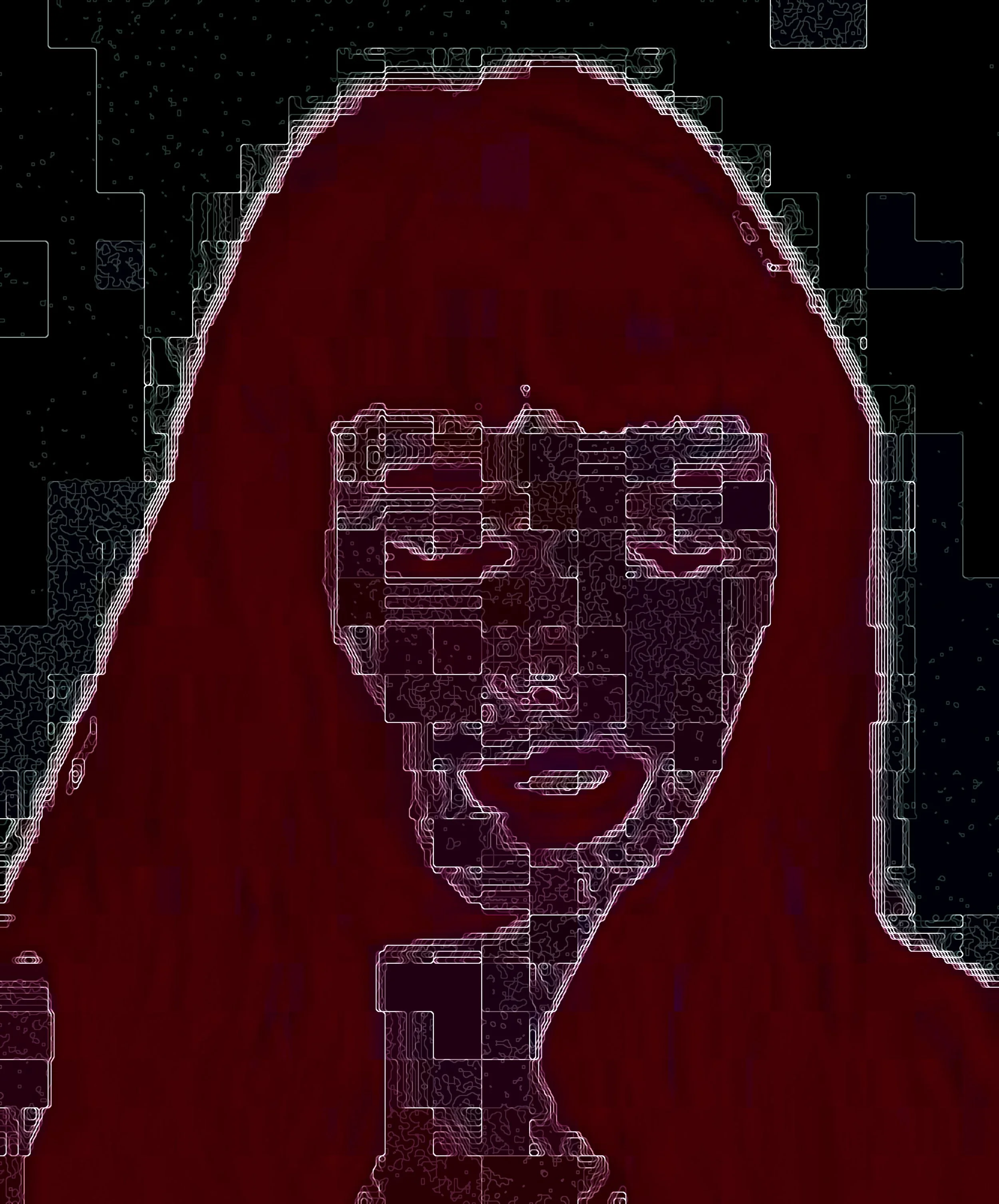 Digital art of a woman's face with long hair, composed of neon-like lines and circuit board patterns in red and purple hues on a dark background. Digital Art.  Generative Art
