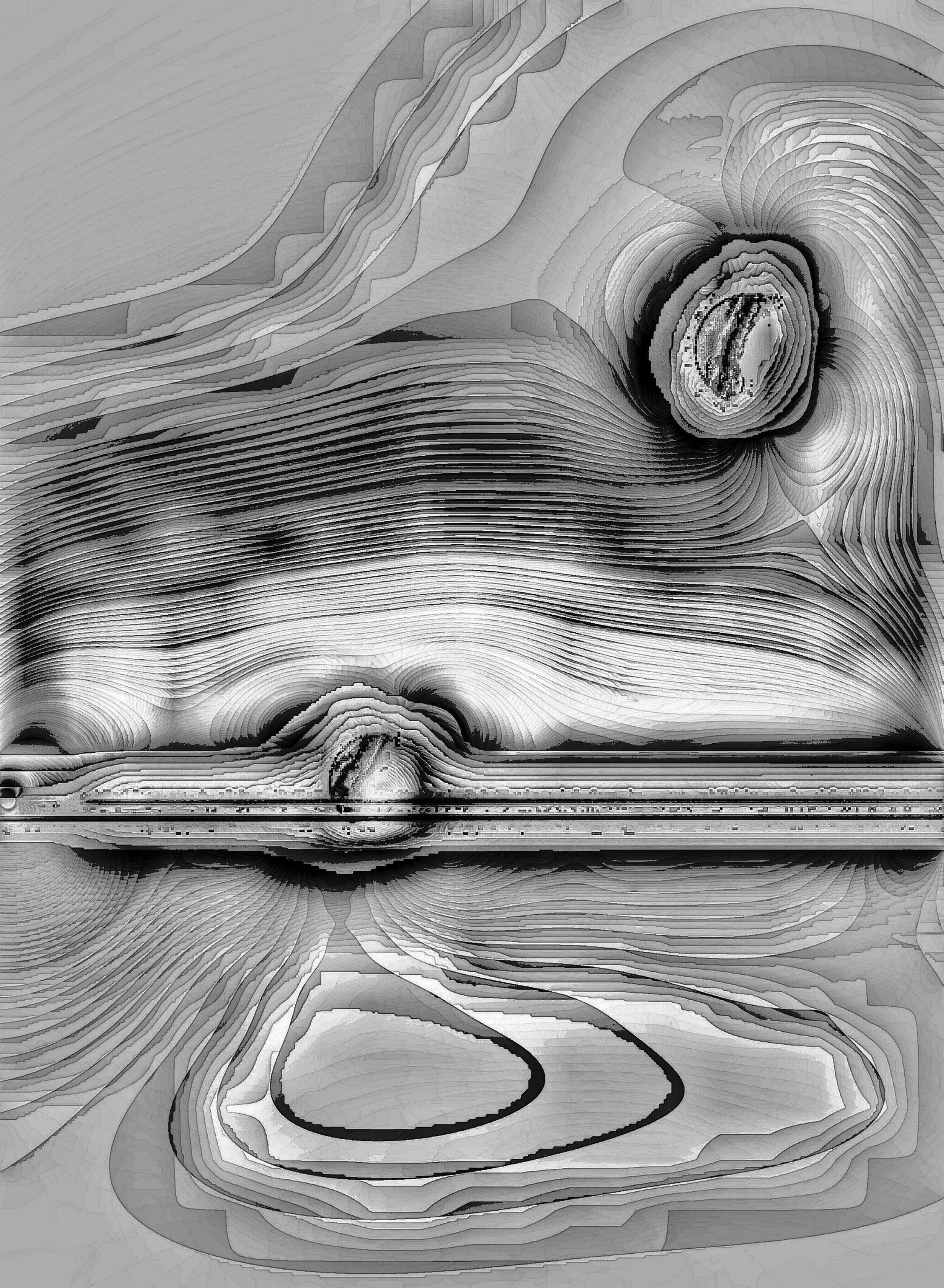 Abstract grayscale digital artwork with layered contours and wave-like patterns, featuring circular formations and reflections. Generative Art