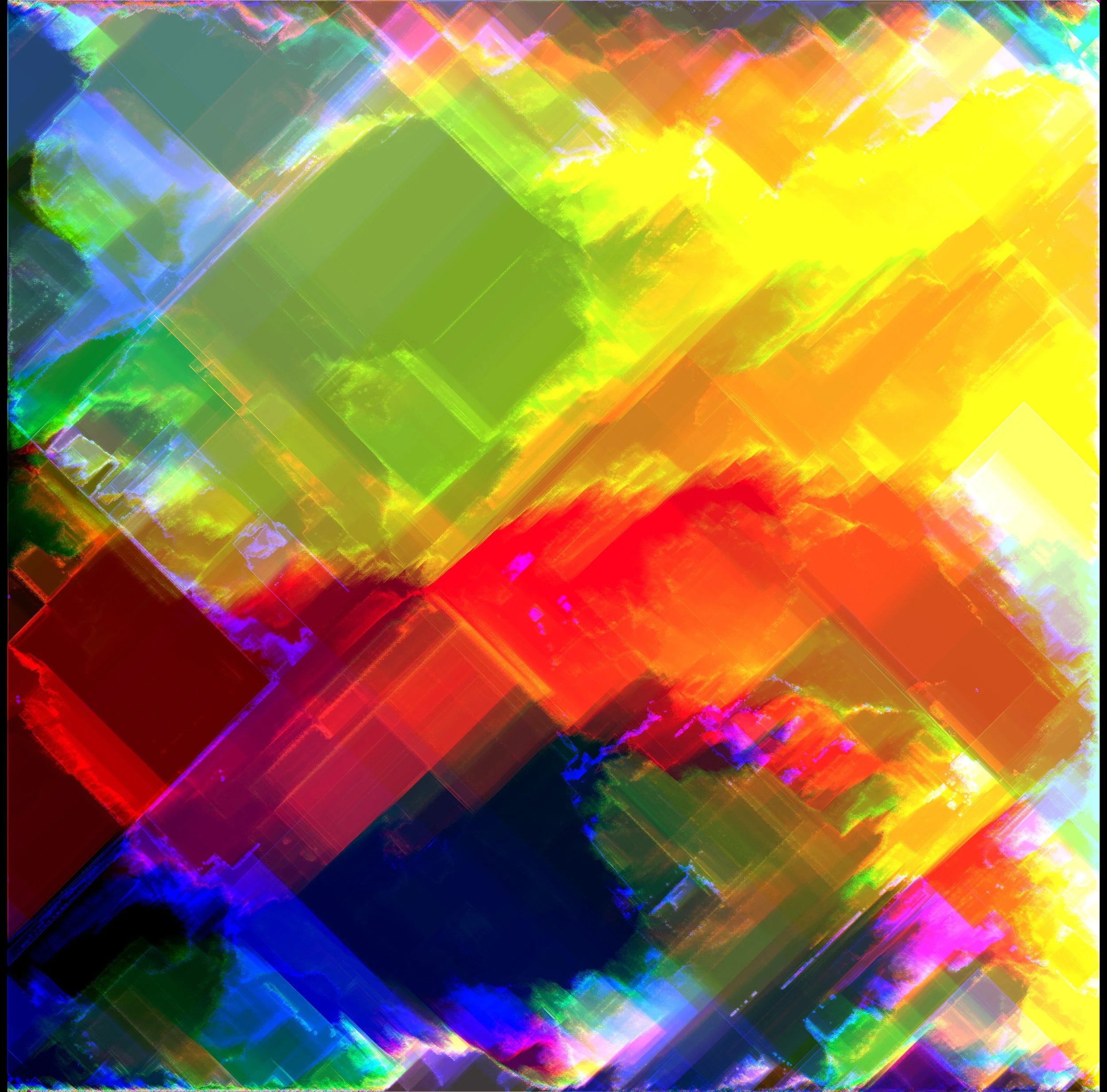 Abstract digital art with vibrant overlapping geometric shapes in bright colors including green, yellow, red, blue, purple, and black. Generative Art. A Thousand Kisses Deep.