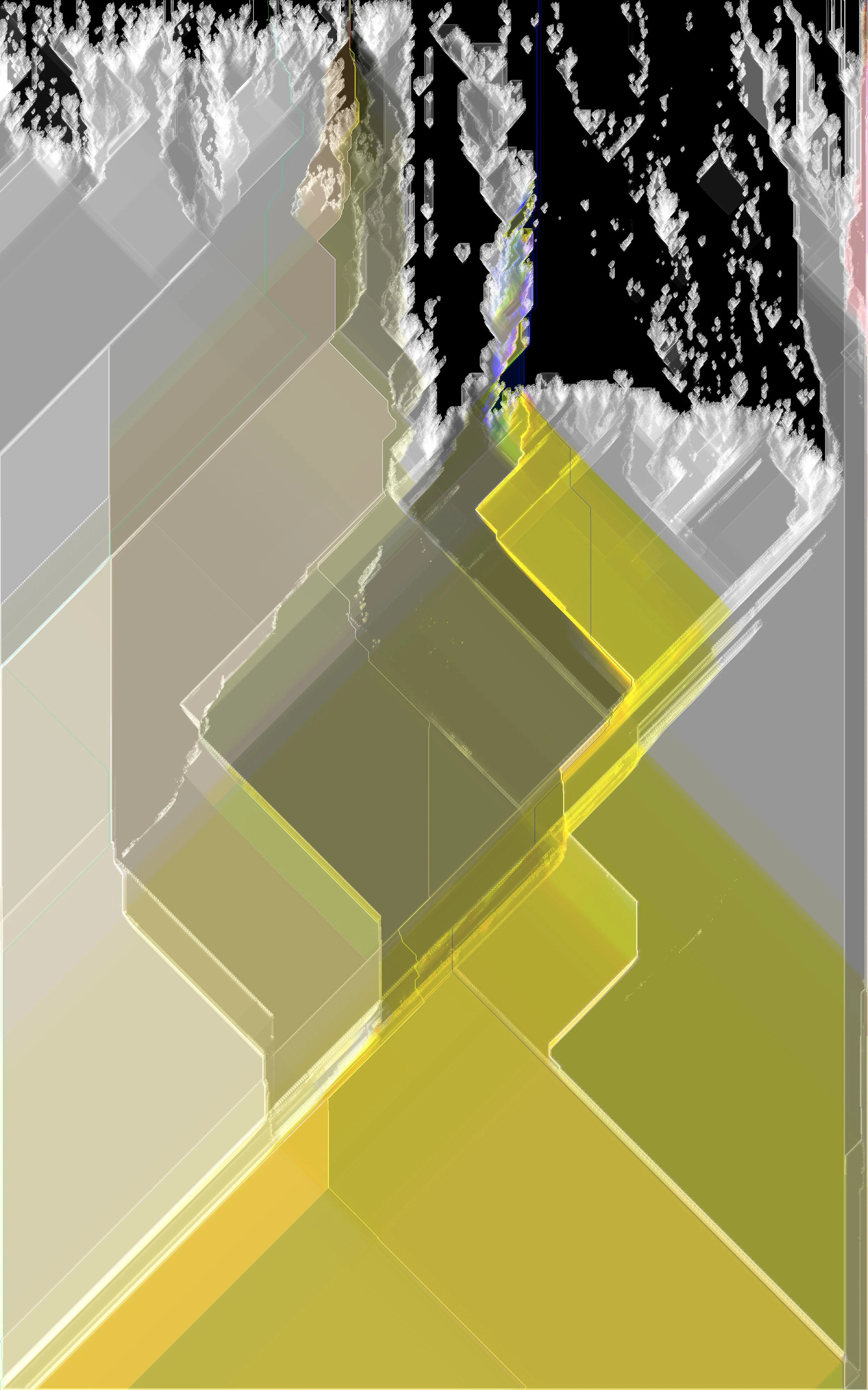 Abstract digital art featuring pixelated blocks in shades of black, white, gray, yellow, and green, arranged in a geometric pattern.