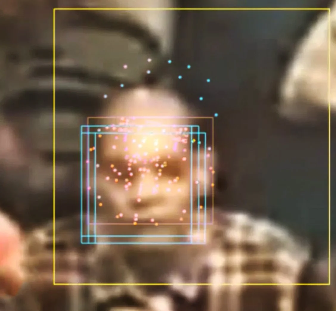 A person's face being scanned with digital overlays and floating particles indicating facial recognition technology. Digital Art. Generative Art. Face detection