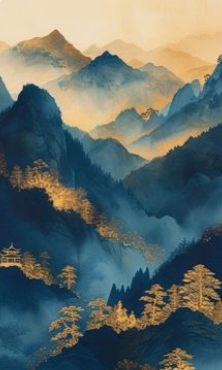 Scenic mountain landscape with layered blue and gold mountains, misty atmosphere, and trees.
