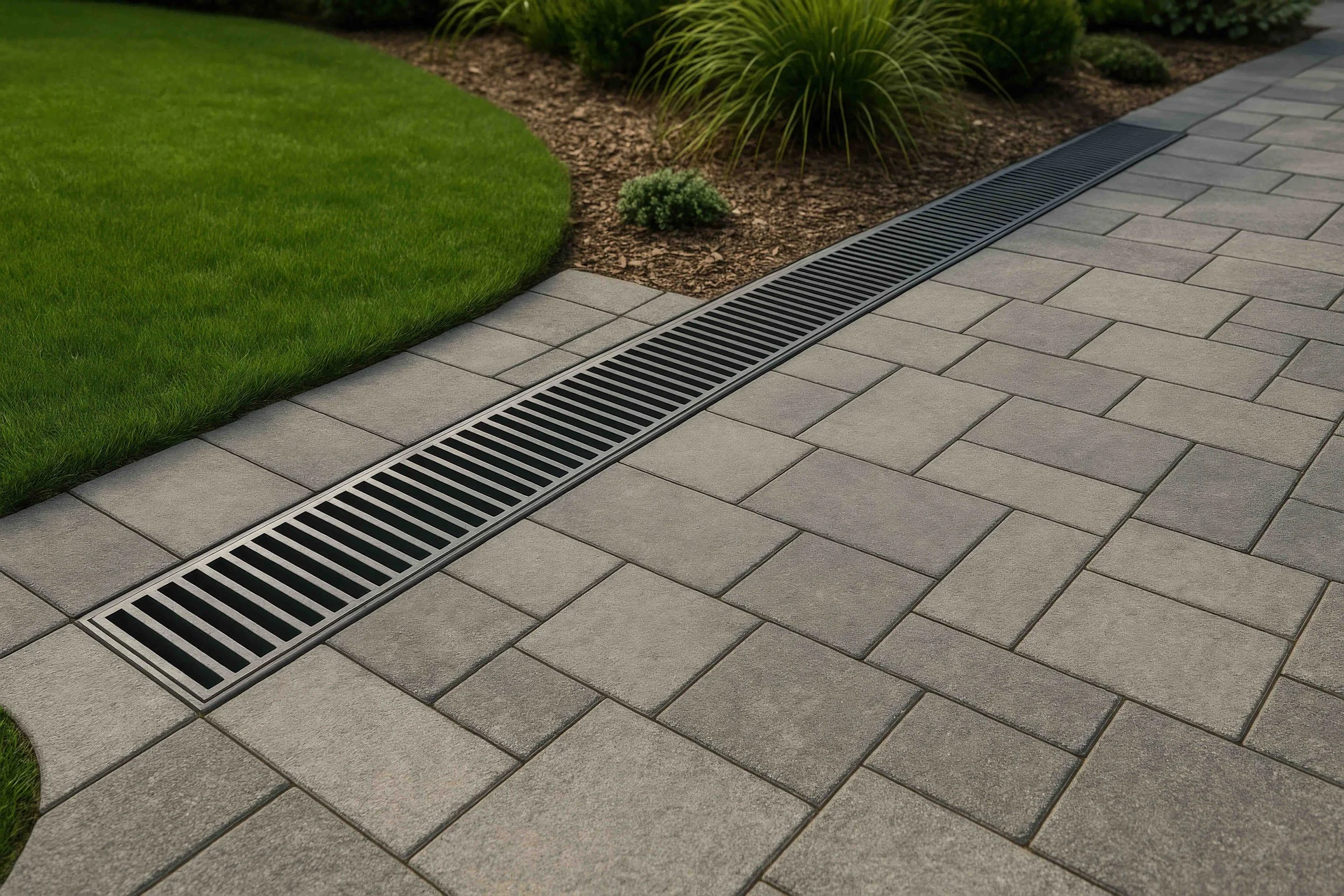 Close-up view of a drainage grate on a paved sidewalk next to a section of well-manicured green grass, with some plants and mulch in the background.