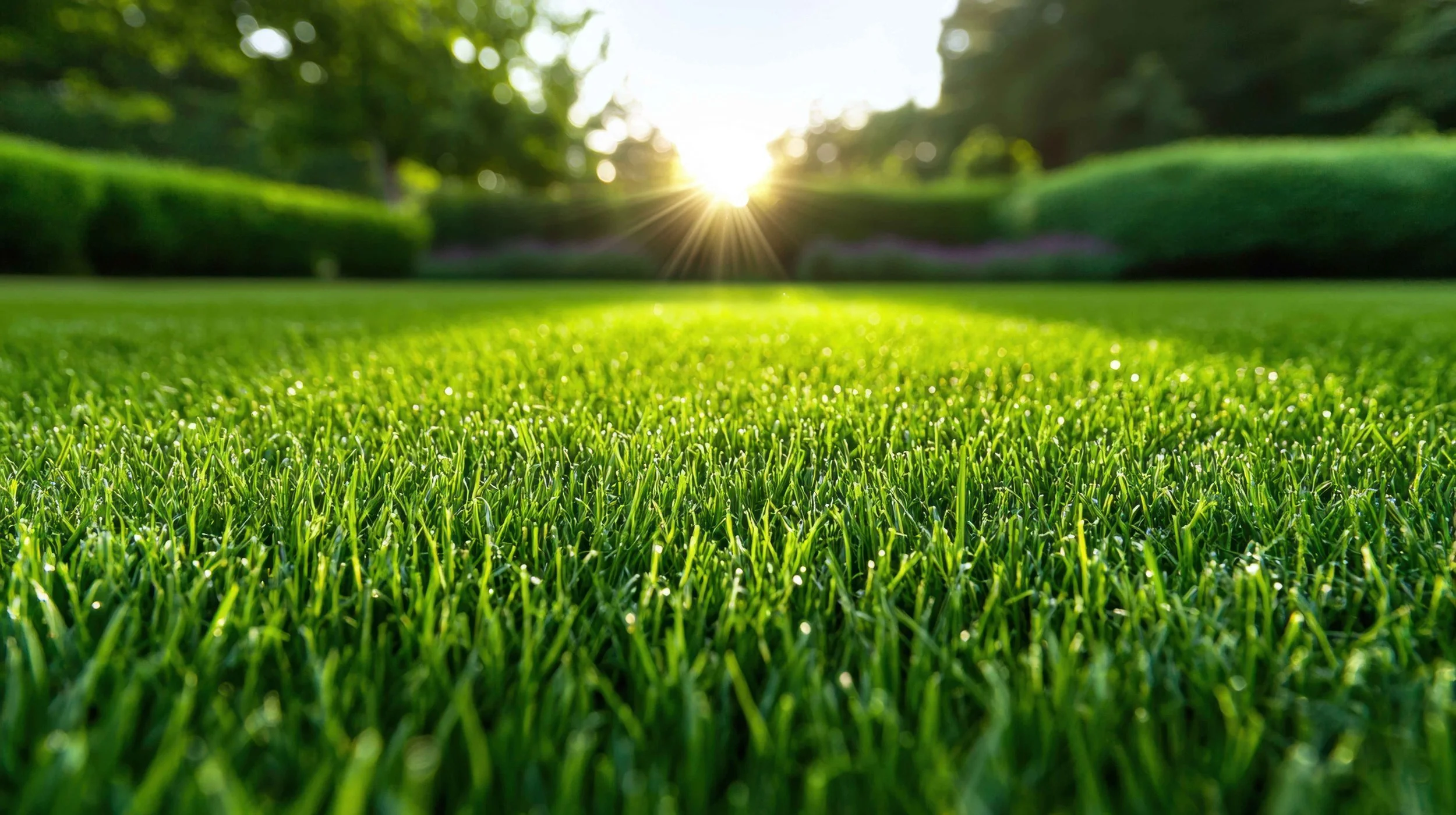 Close-up of lush green grass with sunlight shining over a park or garden in the background.