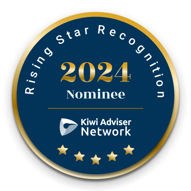 A circular award badge with a dark blue background, gold border, and gold and white text. It states 'Rising Star Recognition 2024 Nominee' and features the Kiwi Adviser Network logo with five gold stars at the bottom.
