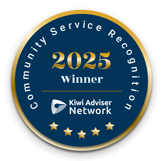 A circular badge with a dark blue background, gold border, and white text. It features the year 2025, the word 'Winner', the Kiwi Adviser Network logo, and five gold stars at the bottom. The outer ring reads 'Community Service Recognition'.
