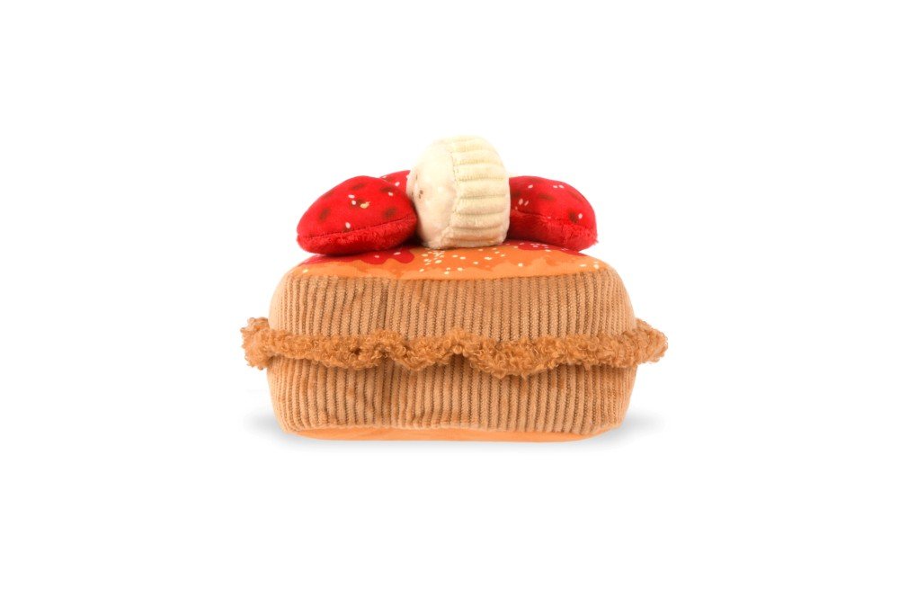 IHOP french toast toy showing plush strawberries bananas and reinforced stitching