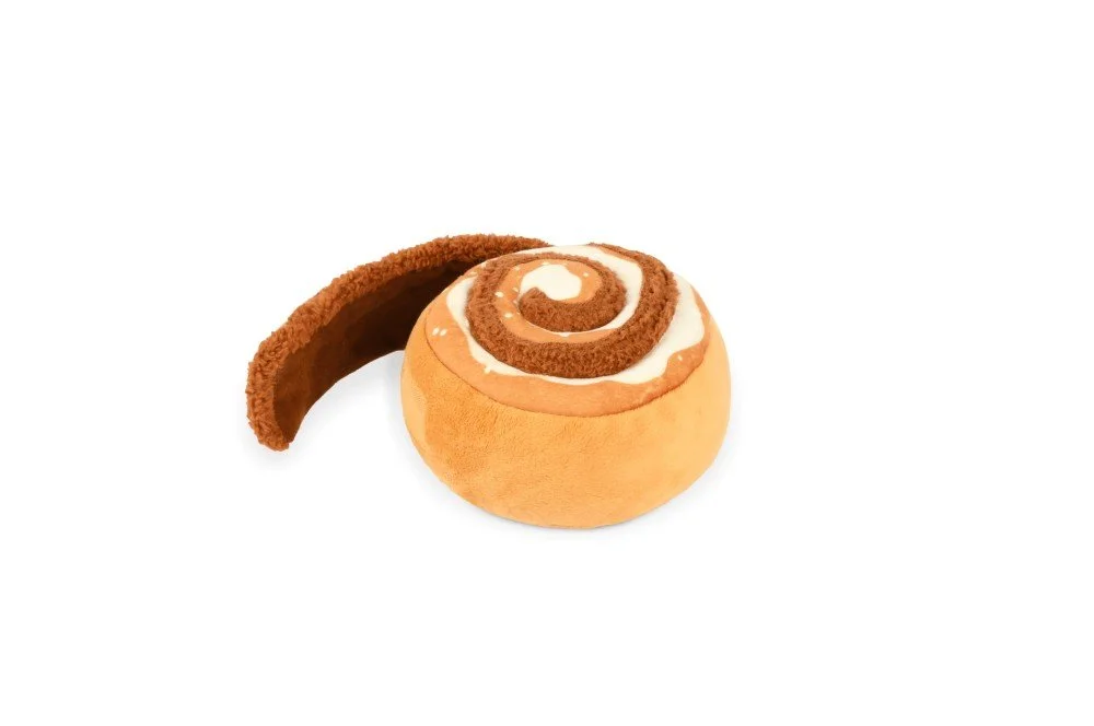 Pup cup cafe cinnabone plush dog toy with swirled cinnamon design and reinforced stitching