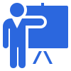A blue icon of a person pointing at a presentation board.