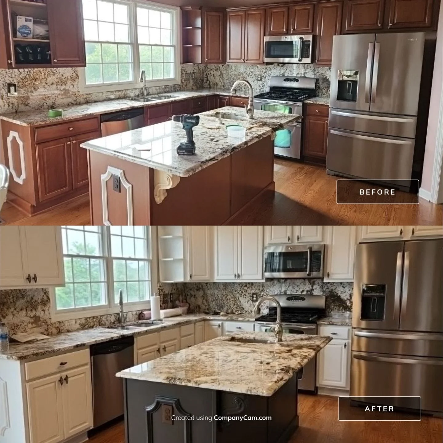 Comparison before and after kitchen renovation showing new white cabinets, darker granite countertops, and a darker island in the after image.