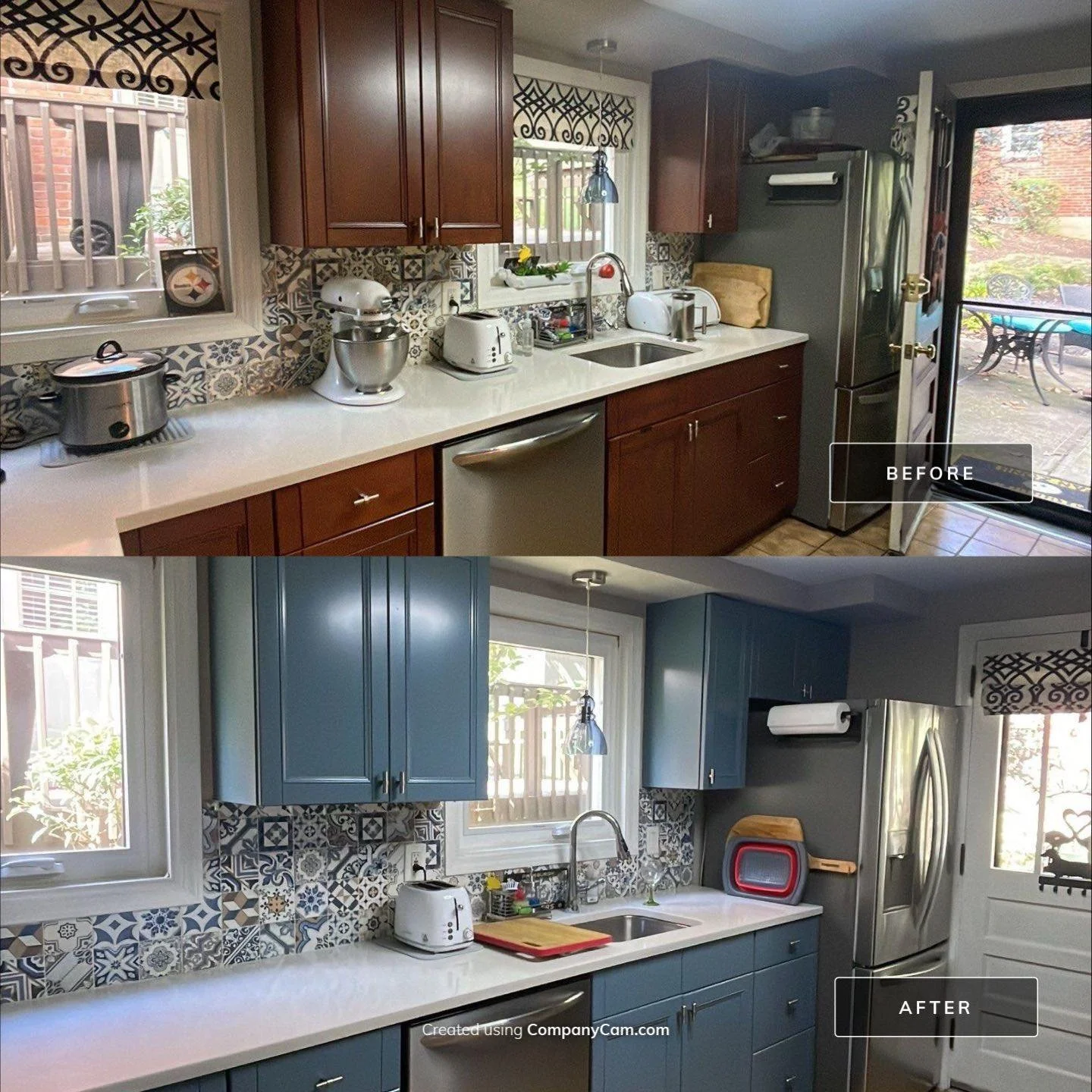 Comparison of a kitchen before and after renovation. The before image shows brown cabinets, while the after image features blue cabinets with updated hardware and backsplash.