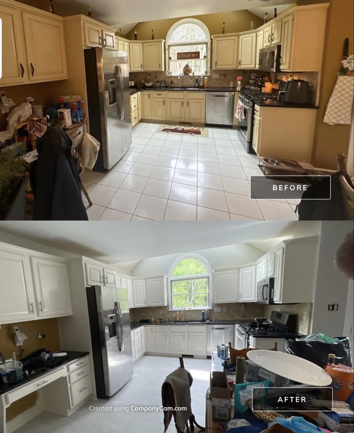 Comparison of a kitchen before and after renovation. The before kitchen has cream-colored cabinets, a tiled floor, and clutter on counters. The after kitchen features white cabinets, a similar layout, cleaner counters, and a brighter appearance.