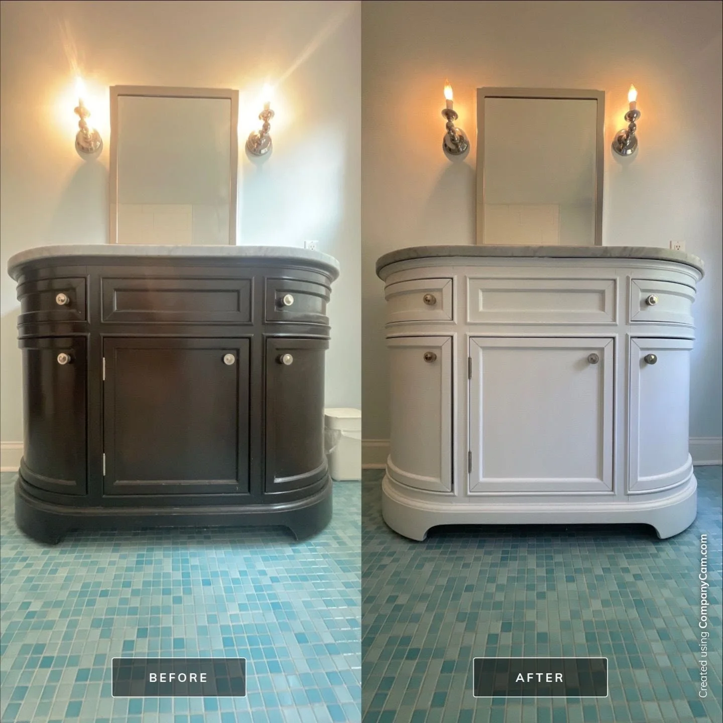 Comparison of bathroom vanity before and after painting: left side shows a dark gray vanity with a round marble countertop, right side shows a white vanity with a similar marble countertop; both have wall-mounted light fixtures above and a mirror beh