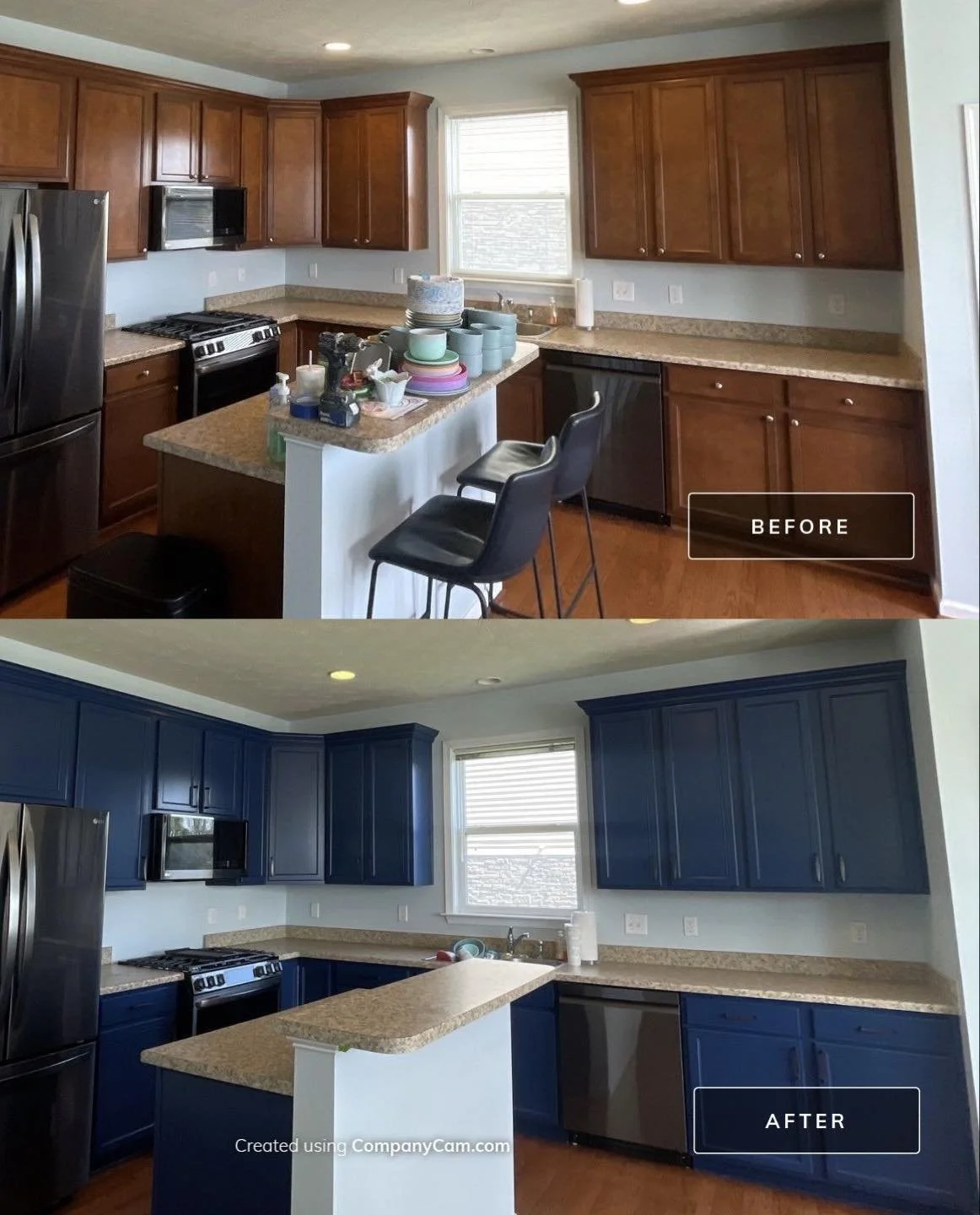 Comparison of a kitchen before and after renovation: the before shows wooden cabinets, while the after features dark blue cabinets.