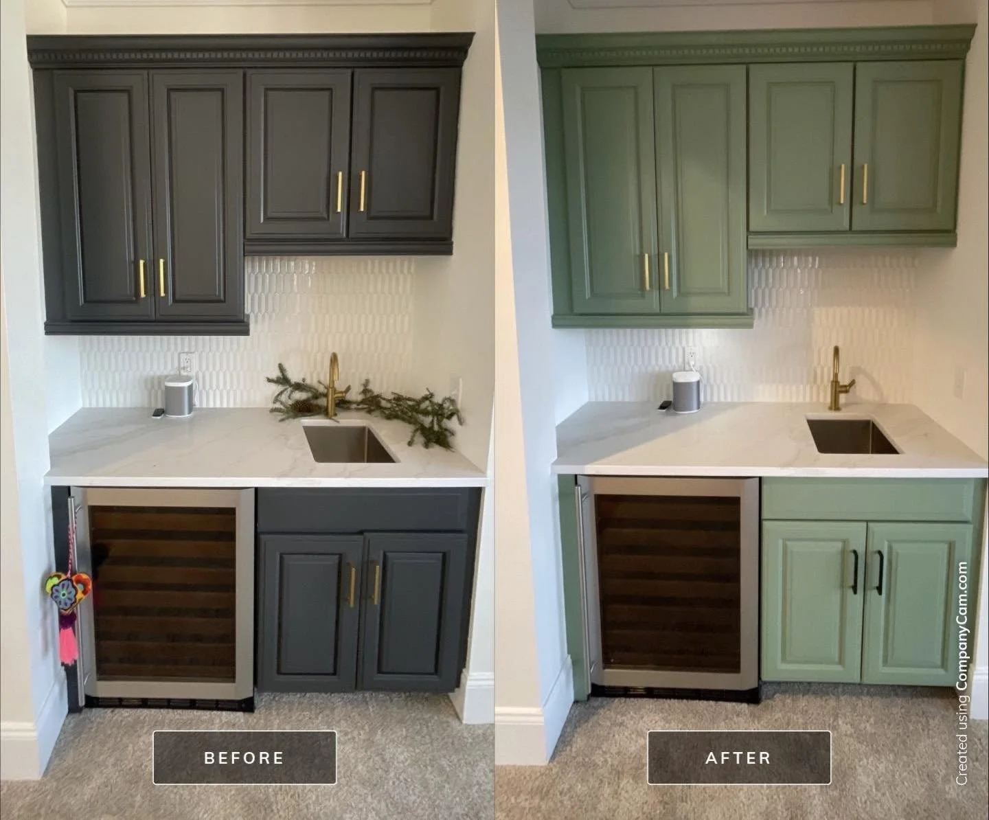 Comparison of a small kitchen area before and after renovation: the left side shows dark gray cabinets with gold handles, a white marble countertop, and a single sink with a gold faucet, adorned with a pine branch decoration. The right side shows the