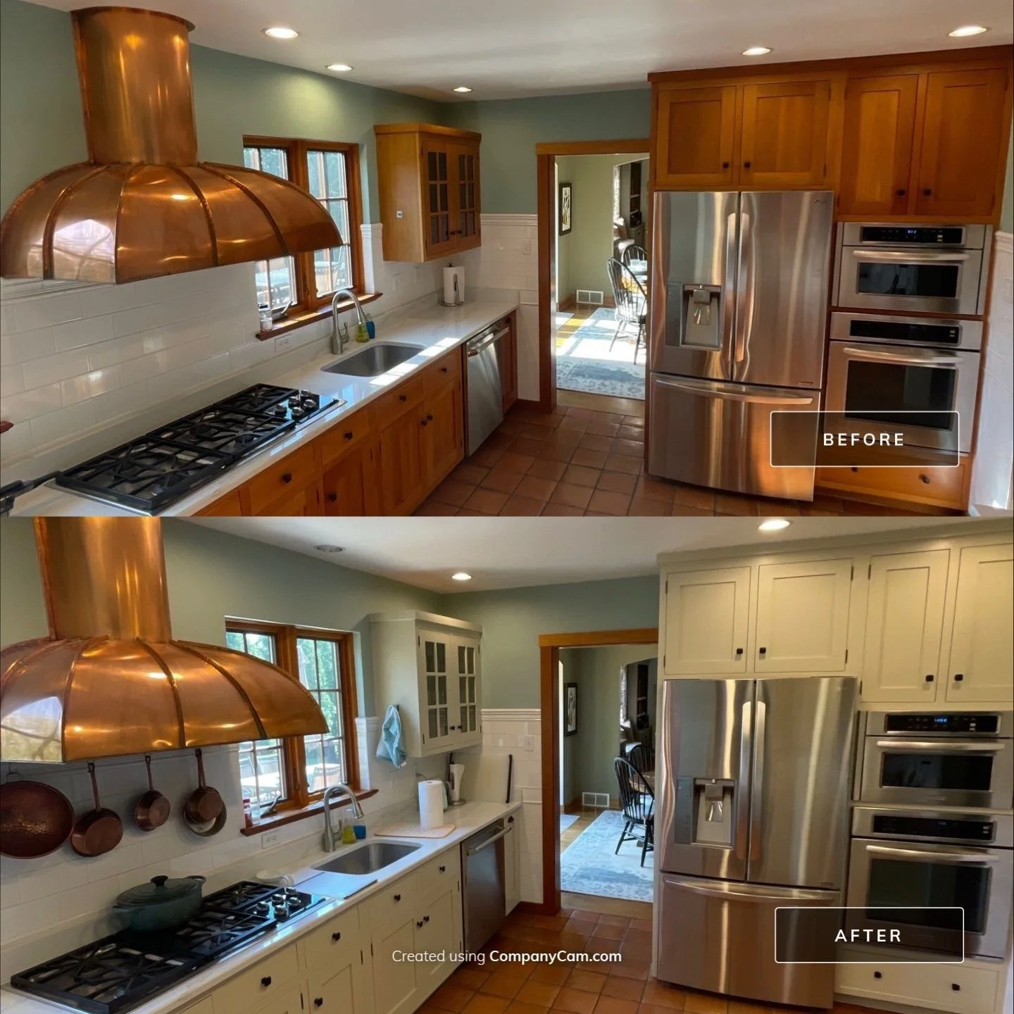 Comparison of a kitchen before and after renovation, showing new cream-colored cabinets, a copper range hood, and updated appliances.