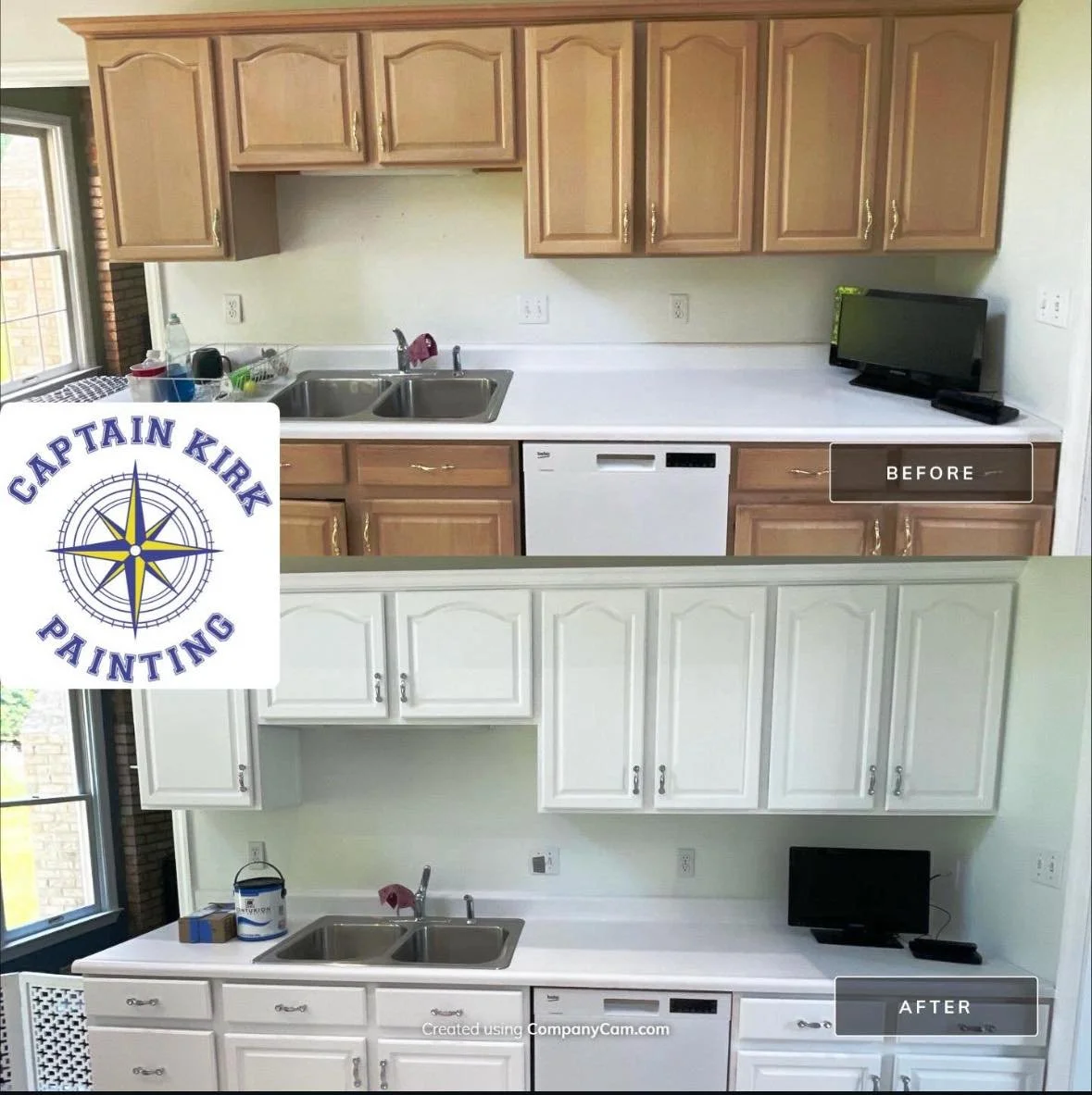 Before and after comparison of kitchen cabinets, showing a repainting project by Captain Kirk Painting. The 'before' image features natural wood-finish cabinets, and the 'after' image showcases freshly painted white cabinets.