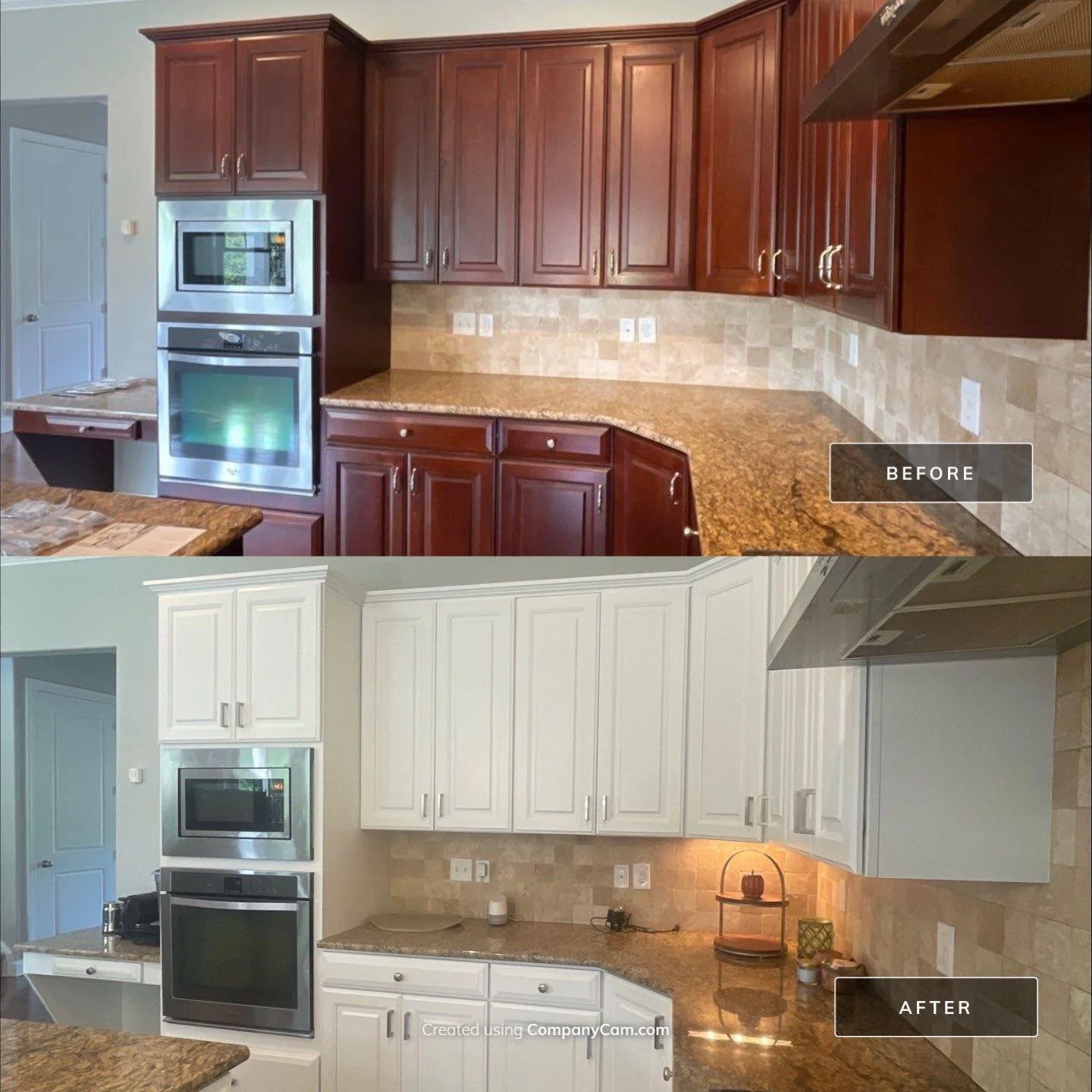 Before and after images showing a kitchen renovation. The top image displays a kitchen with dark wooden cabinets and a granite countertop, while the bottom image shows the same kitchen with white cabinets and a lighter granite countertop.