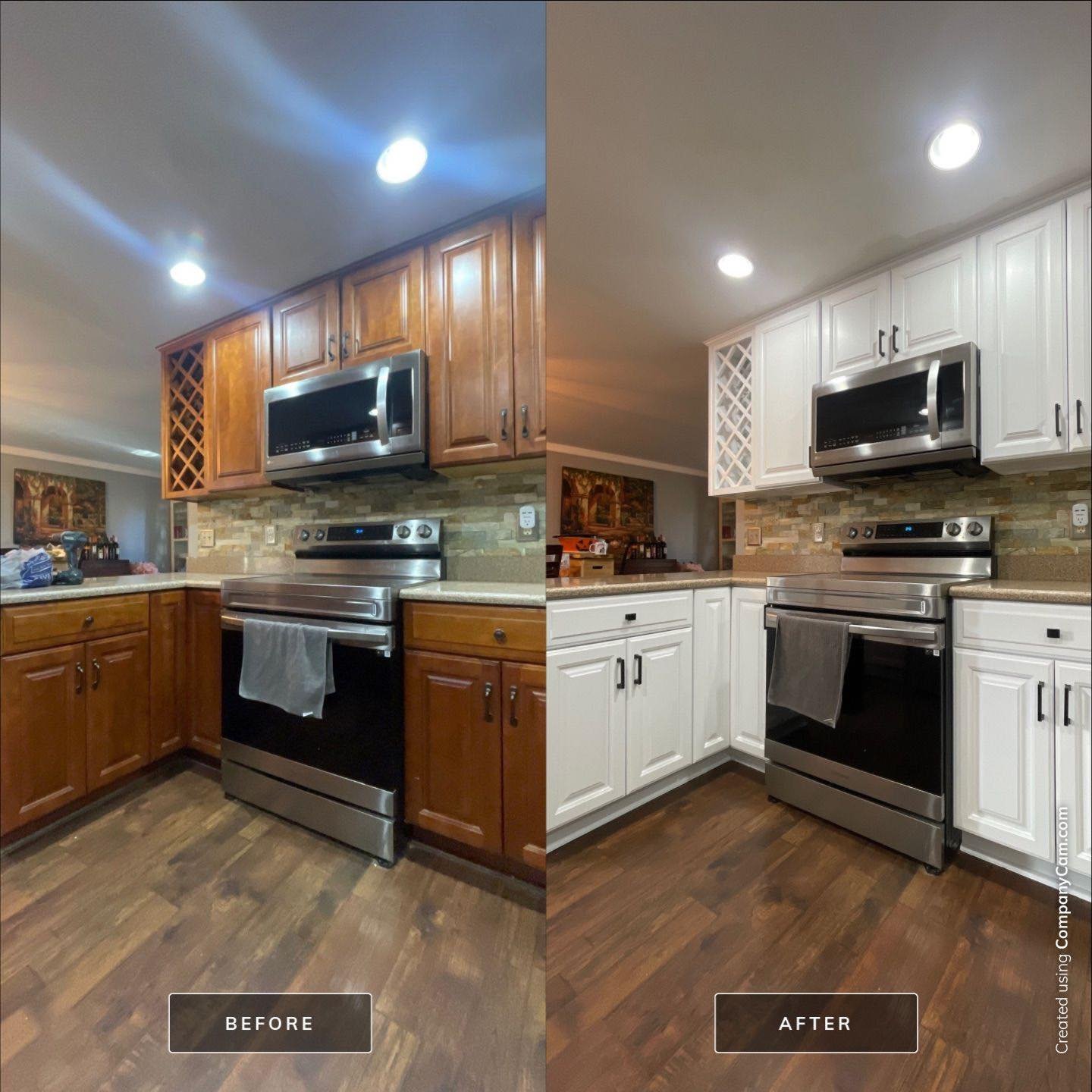 Side-by-side comparison of a kitchen before and after renovation. The left side shows wooden cabinets, a stainless steel microwave, oven, and a tiled backsplash. The right side features white cabinets, the same stainless steel microwave and oven, and