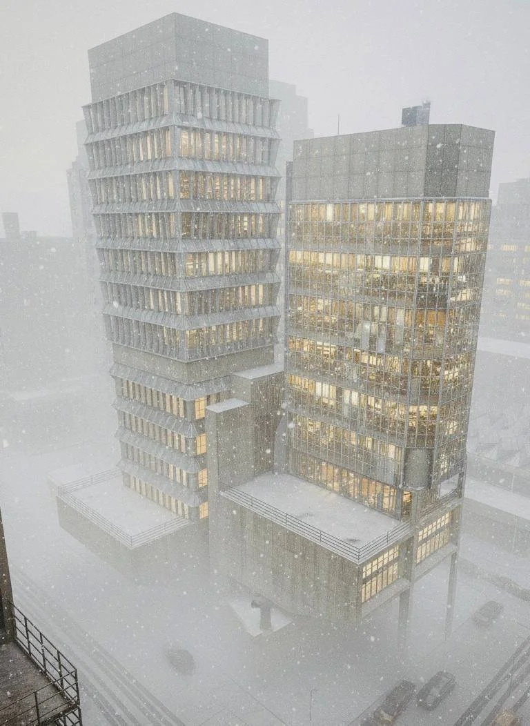 Deux bâtiments modernes en verre sous une forte chute de neige dans une ville.