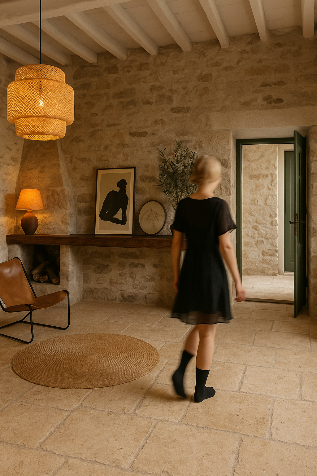 Salon secondaire — Lumière et simplicité
Un espace cosy où la pierre claire et le bois s’allient à un mobilier minimal pour une atmosphère intime.