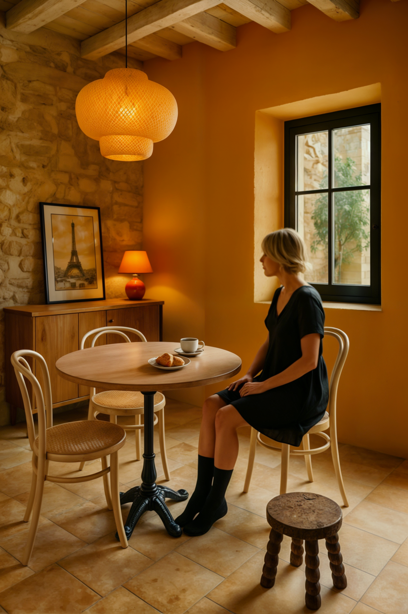 Salle à manger — Tons ocres et mobilier sobre
Un espace convivial où murs texturés, bois clair et assises minimalistes composent une ambiance méditerranéenne.
