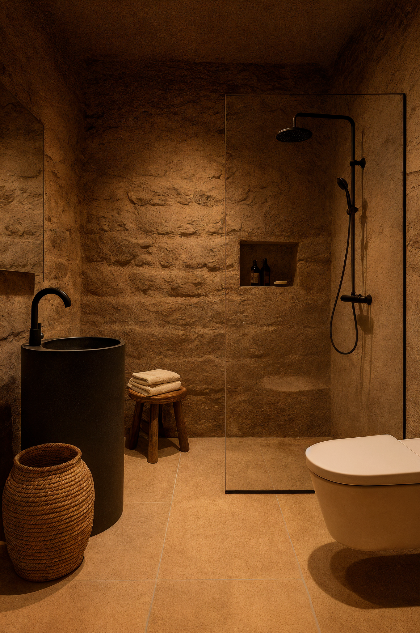Salle de bain — Élégance brute et minimalisme
Douche à l’italienne, pierre naturelle et sanitaires noirs pour un style raffiné et contemporain.