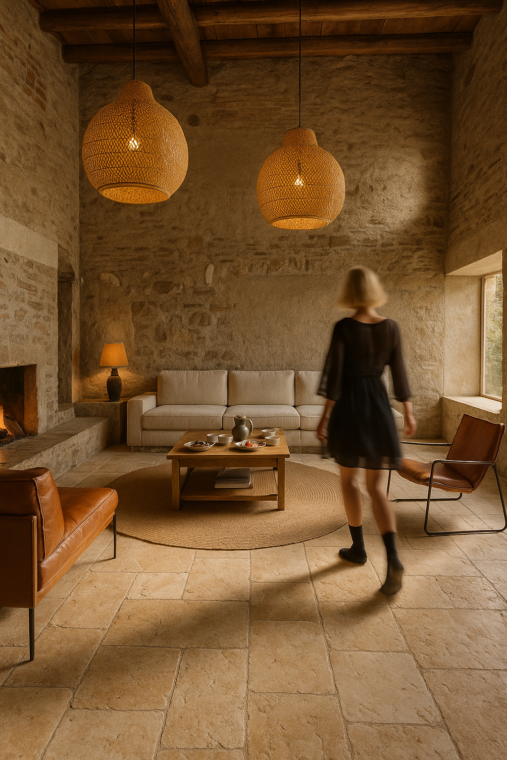 Salon — Authentique et chaleureux
Murs en pierre, poutres apparentes et mobilier naturel dessinent un cadre intemporel autour de la cheminée