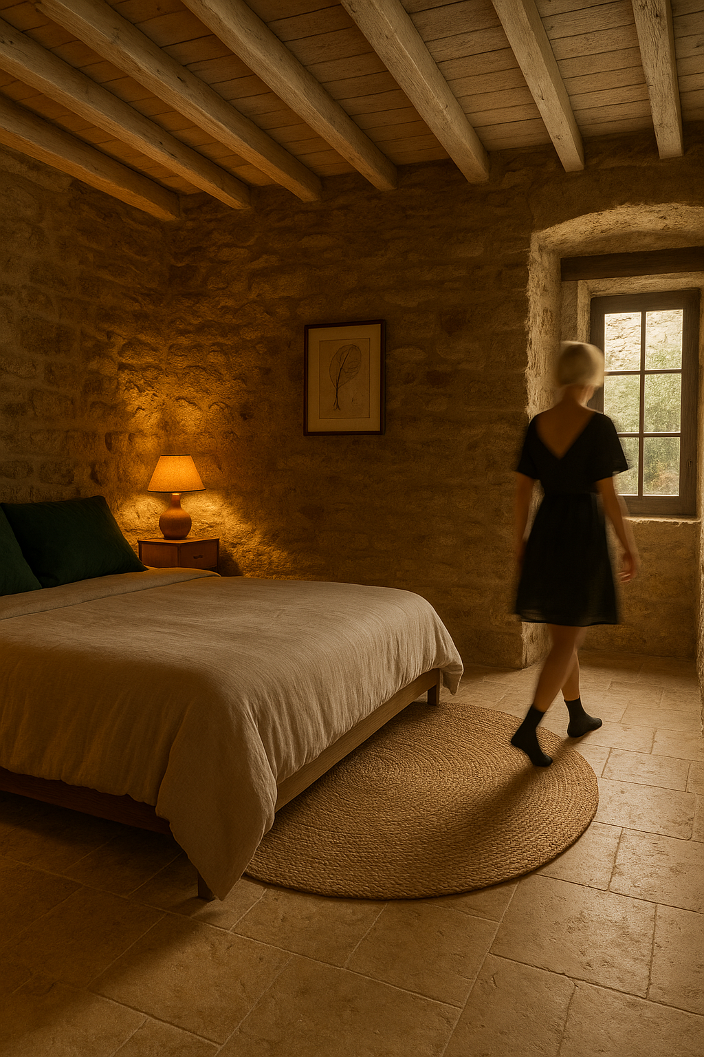 Chambre parentale — Pierre apparente et lumière douce
Une chambre épurée où les murs en pierre et les tons beiges créent une atmosphère chaleureuse et apaisante.