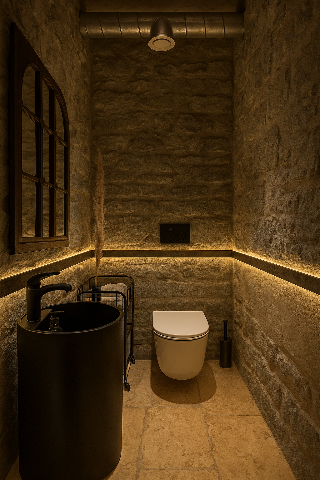 Toilette — Intimité minérale et lumière indirecte
Un espace compact aux murs en pierre mis en valeur par un éclairage linéaire subtil.