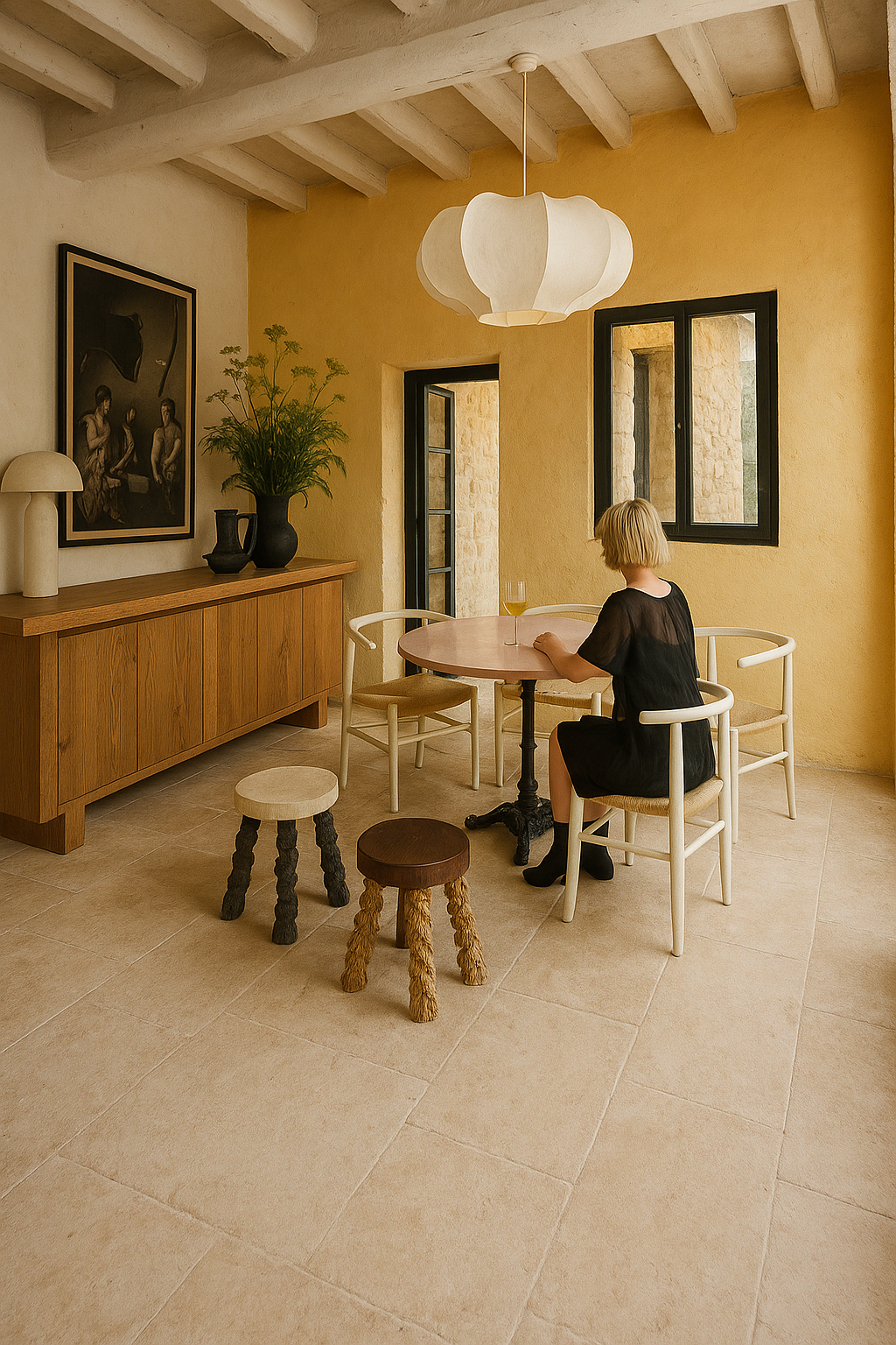 Salle à manger — Tons ocres et mobilier sobre
Un espace convivial où murs texturés, bois clair et assises minimalistes composent une ambiance méditerranéenne.