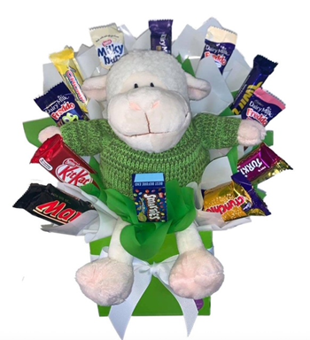Plush sheep in green jumper chocolate bouquet with Cadbury, Nestle & Mars Chocolates