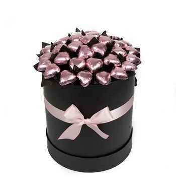 Deluxe Hat Box Chocolate Bouquet in black with pink foiled covered hearts