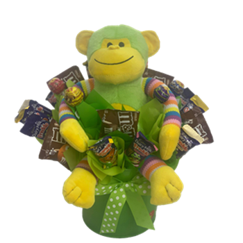 Plush green monkey gift with chocolate and lollies