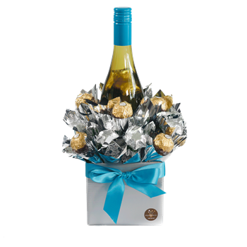 Wine and Ferrero Rocher Chocolate Bouquet wrapped in silver paper