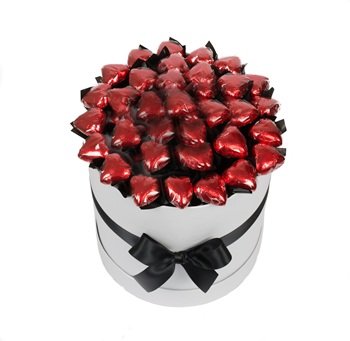Deluxe Hat Box Chocolate Bouquet in white with red foiled covered hearts