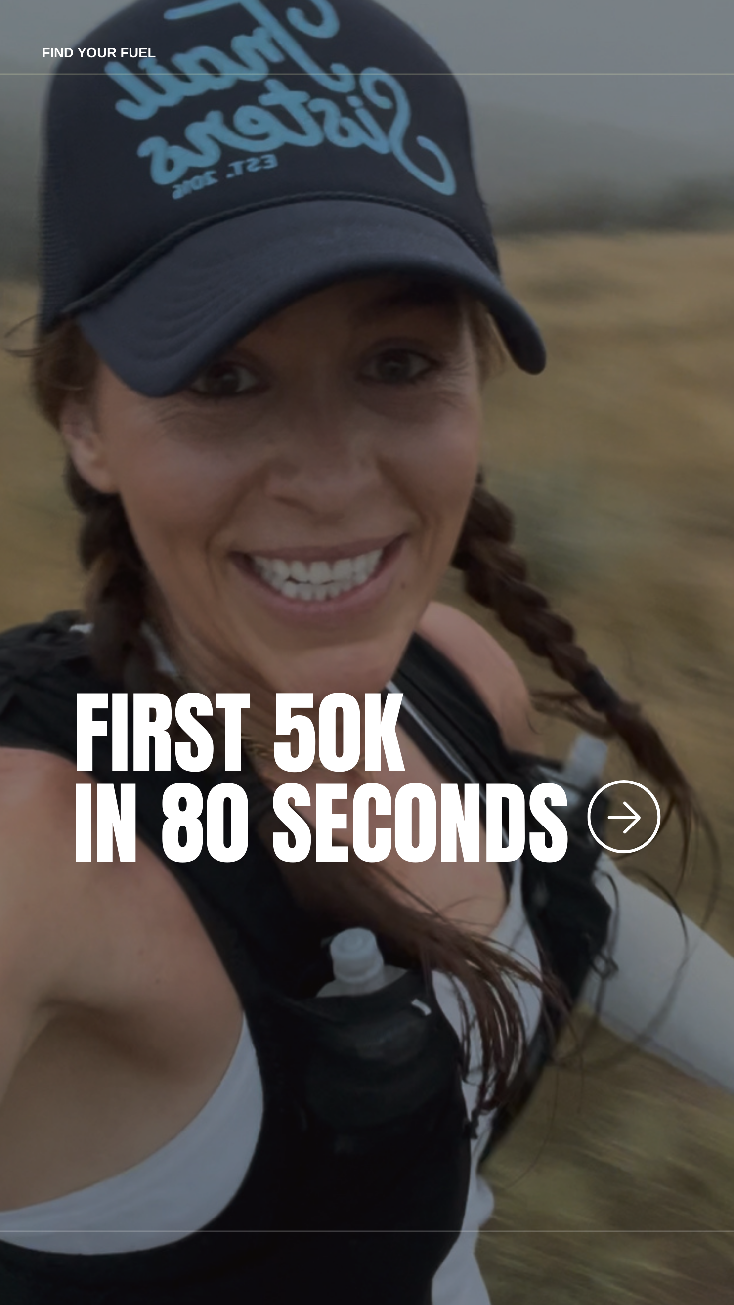 Erin Martin smiling while running outdoors, wearing a cap, athletic clothing, and a hydration pack, with text overlay indicating she completed her first 50K race in 80 seconds.