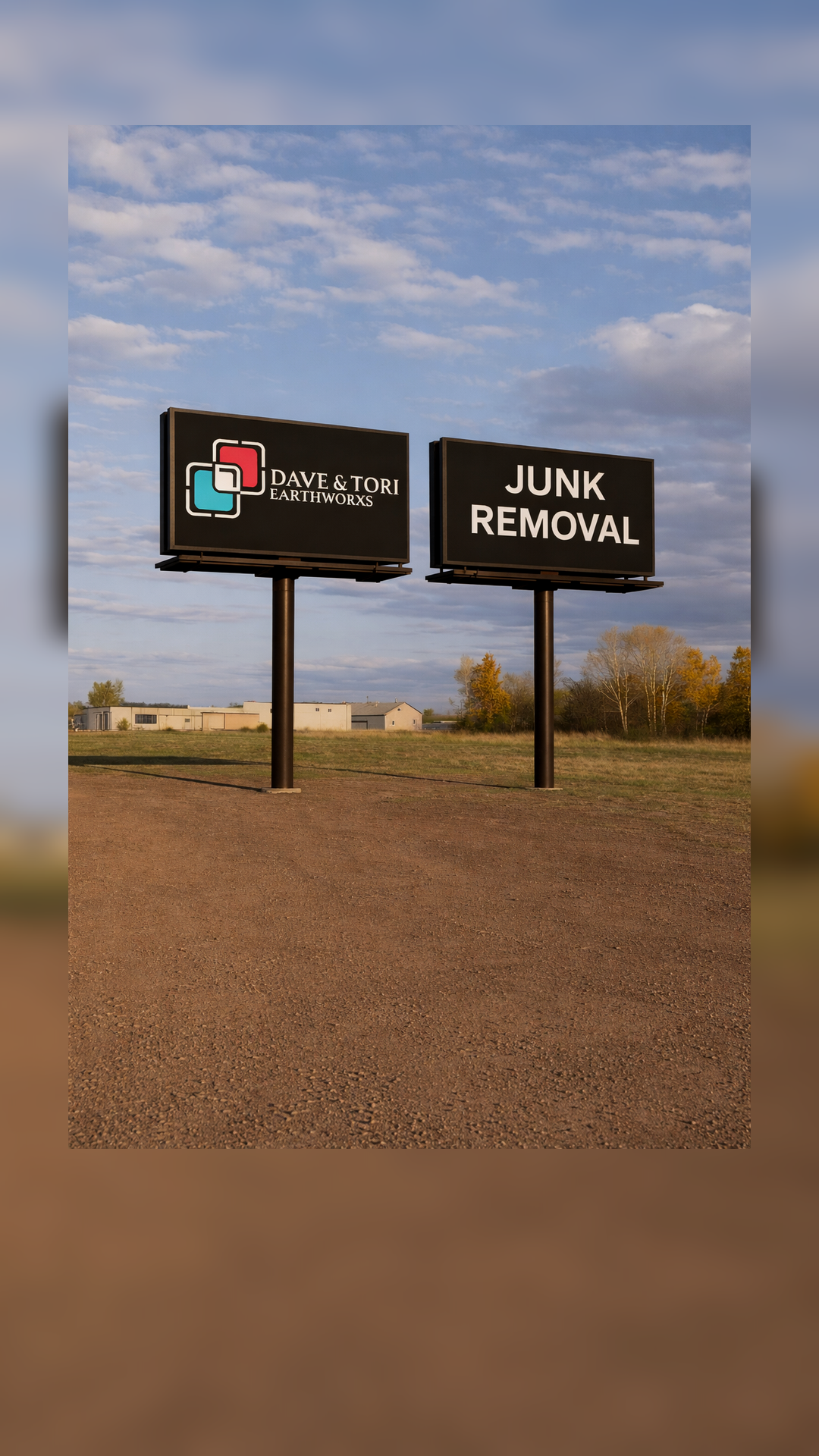 Billboards advertising Dave & Tori Earthworx's junk removal services in an open area with a blue sky and some trees in the background.