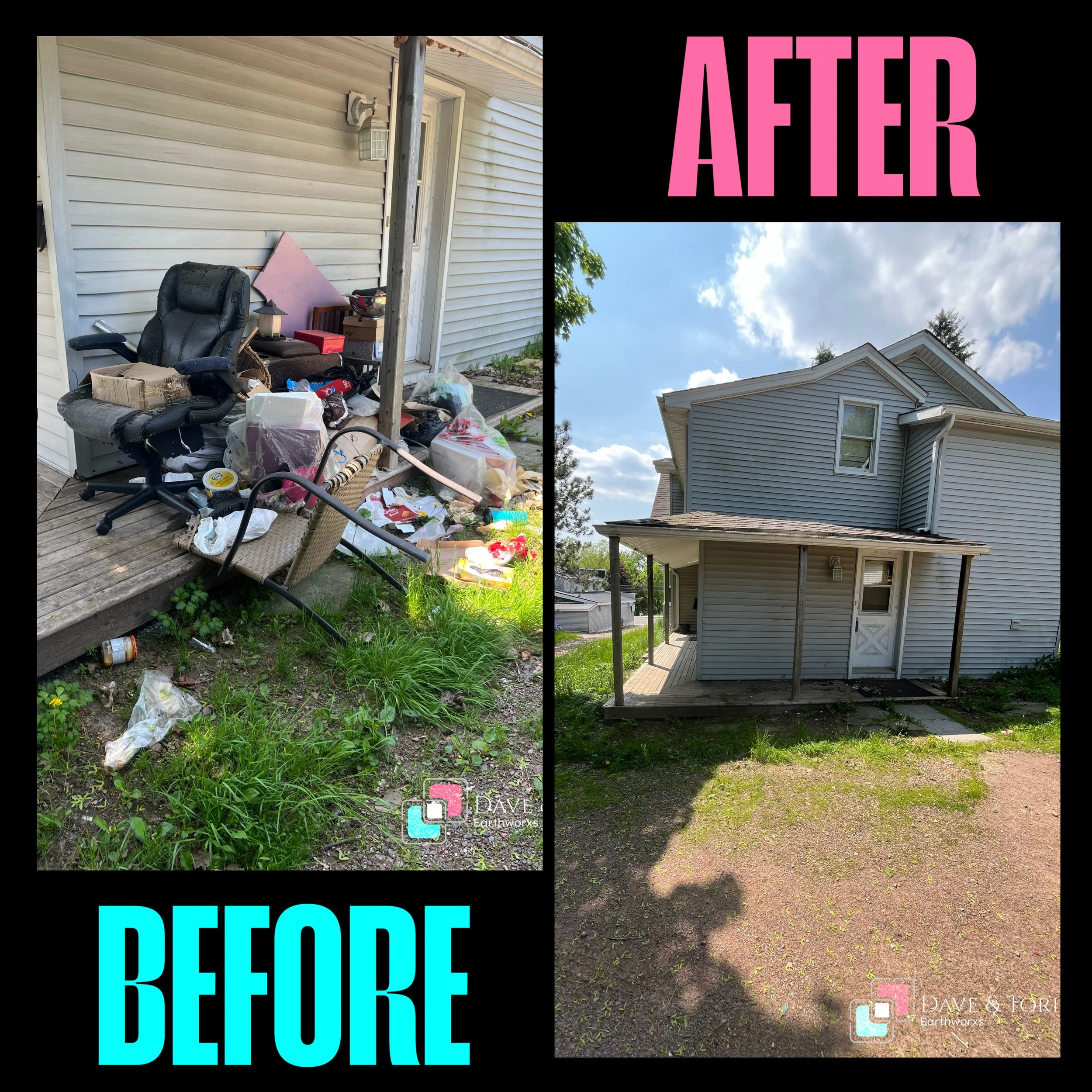 Side-by-side comparison of a cluttered backyard before cleaning, with trash, furniture, and debris, and a cleaned, tidy backyard with a clear yard and a neat porch area.