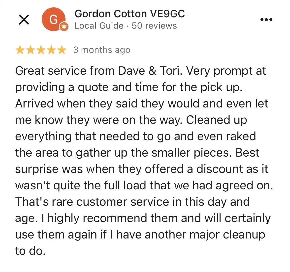 Screenshot of a Google review for a cleaning service, with five stars, praising the promptness, thoroughness, and discounted price, and recommending the company.