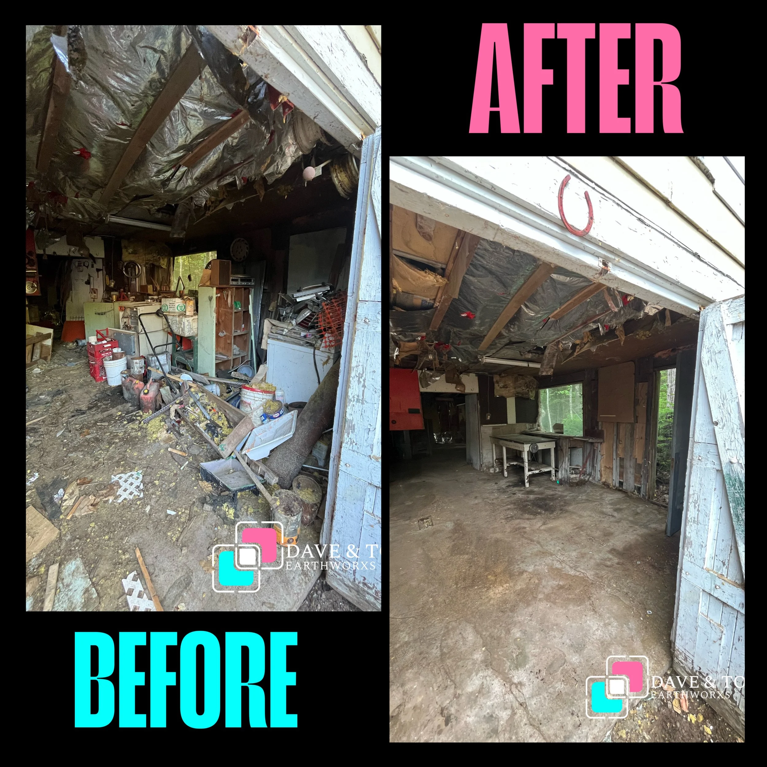 Side-by-side comparison showing a cluttered and dirty garage before cleanup on the left, and a clean, empty garage after cleanup on the right.