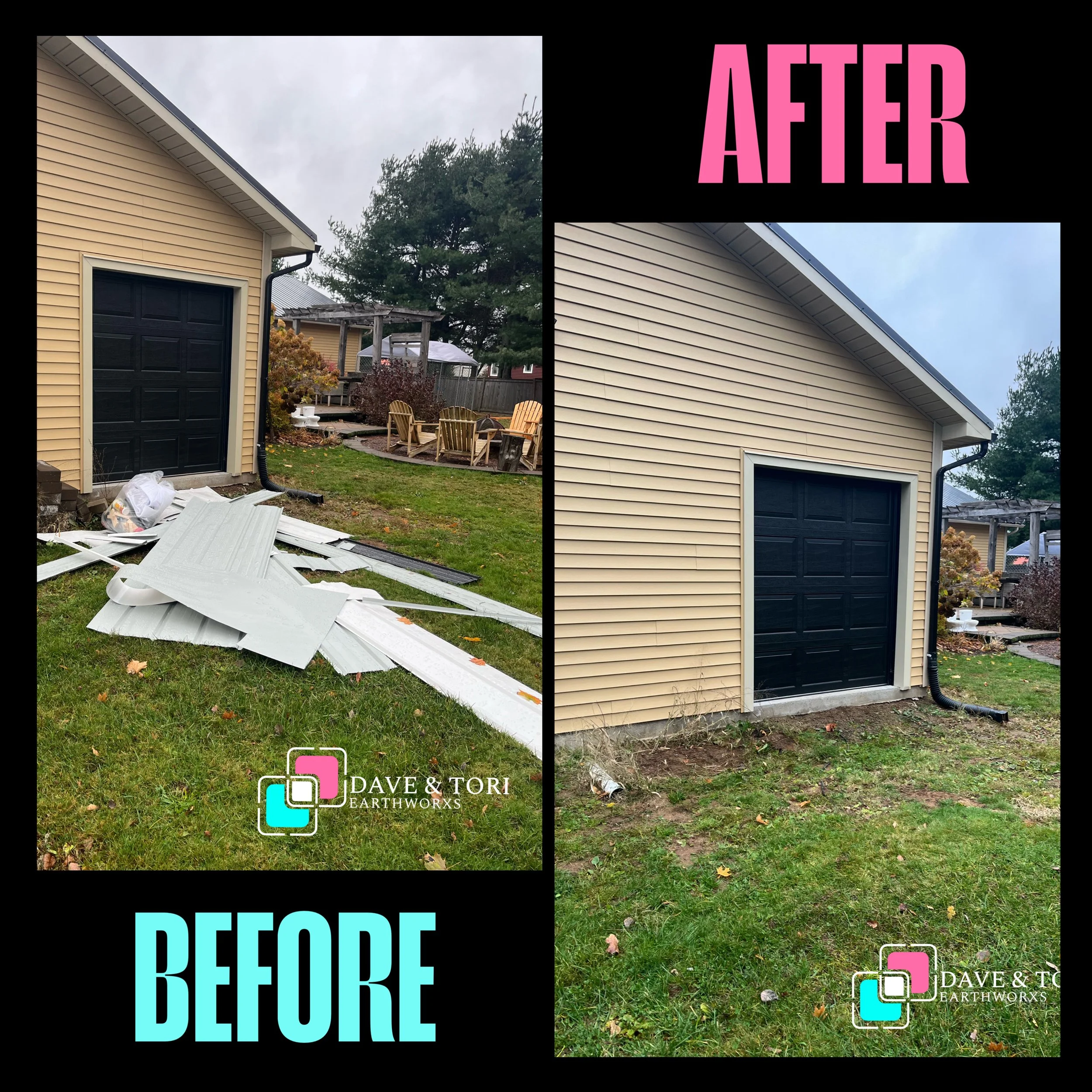 Side-by-side comparison of a house's garage area before and after siding replacement, with the left showing old, damaged siding and debris, and the right showing new, beige siding.