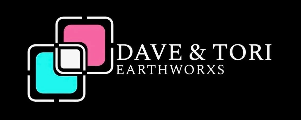 Logo with two overlapping squares, one pink and one blue, on a black background with the text "DAVE & TORI EARTHWORXS" next to it.