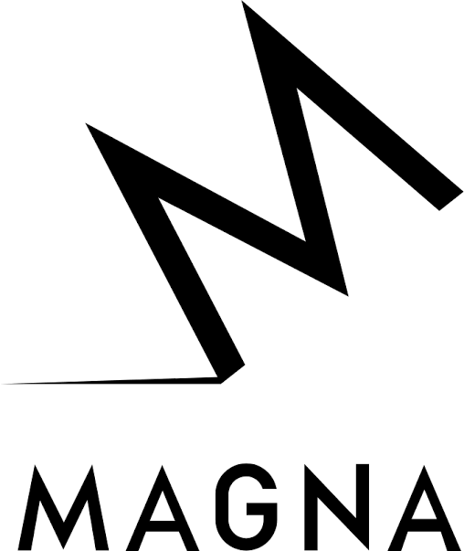 En svart logo med et stilisert 'M' og teksten 'MAGNA' under.
