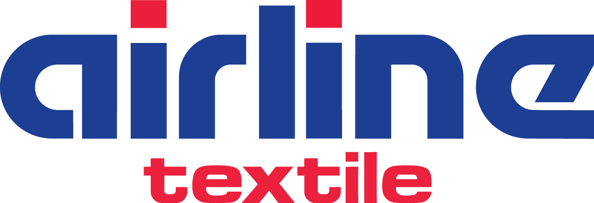Logo for Airlite Textile, med navnet skrevet i blå og rød farge.