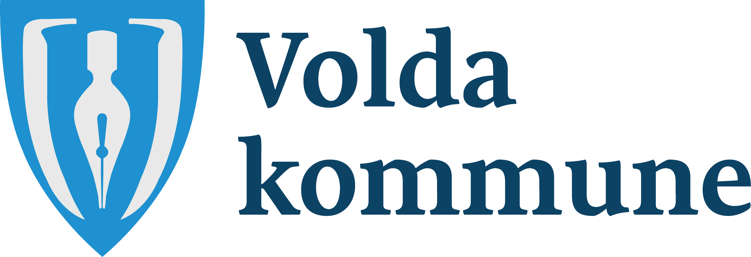 Logo for Volda kommune, med en blå skjoldformet emblem som inneholder en hvit fjærpenn. Teksten 'Volda kommune' står til høyre for emblemet.