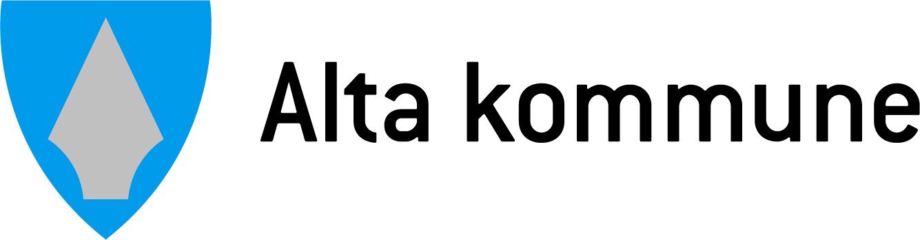 Logo av Alta kommune, med en blå skjoldformet bakgrunn og en grå pil i midten.
