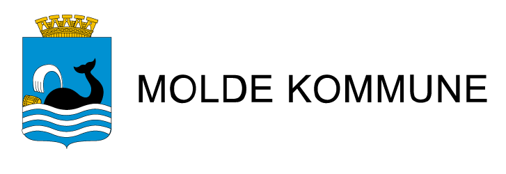 Molde kommunes logo med en blå bakgrunn med en hval og bølger, og en gull krone øverst.